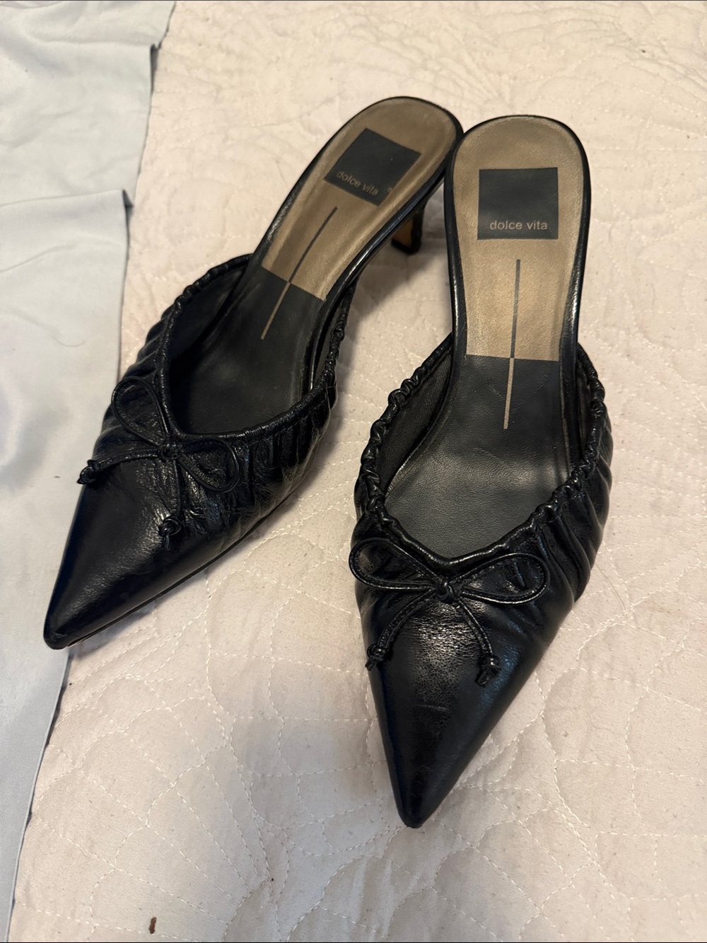 Dolce Vita Black Pointed-Toe Slip-On Mules with Bow